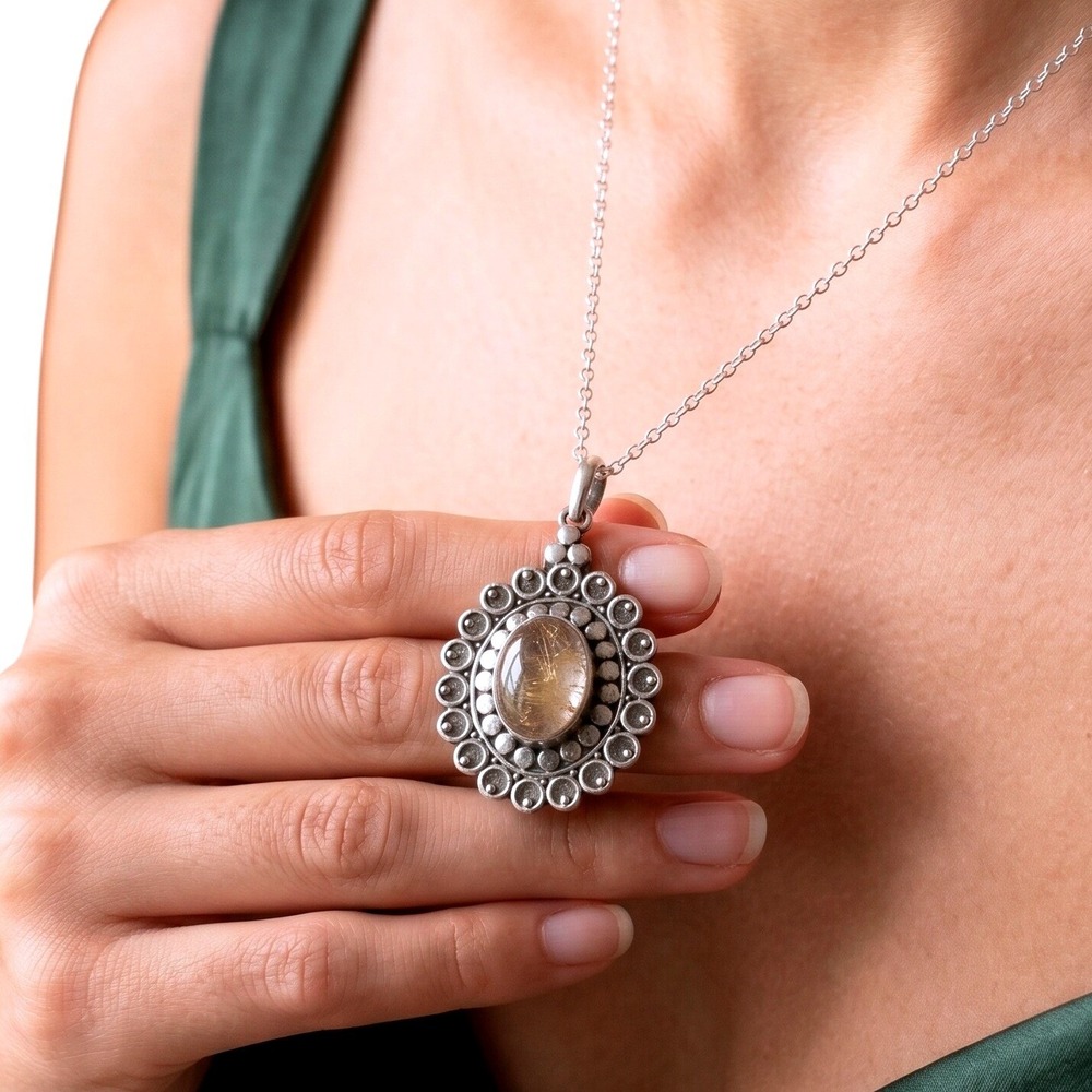 925‎ Sterling Silver Rutilated Quartz Oval Statement Pendant